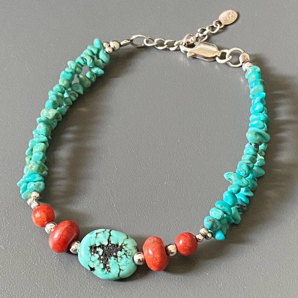 Turquoise and Red Coral Sterling Silver Beaded Bracelet